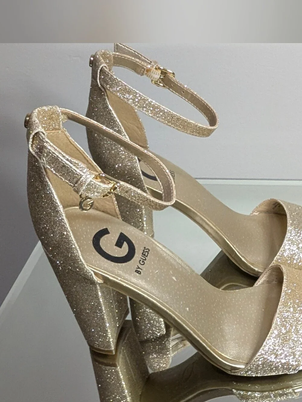 G by GUESS Gold Glitter Ankle-Strap Sandals for Women